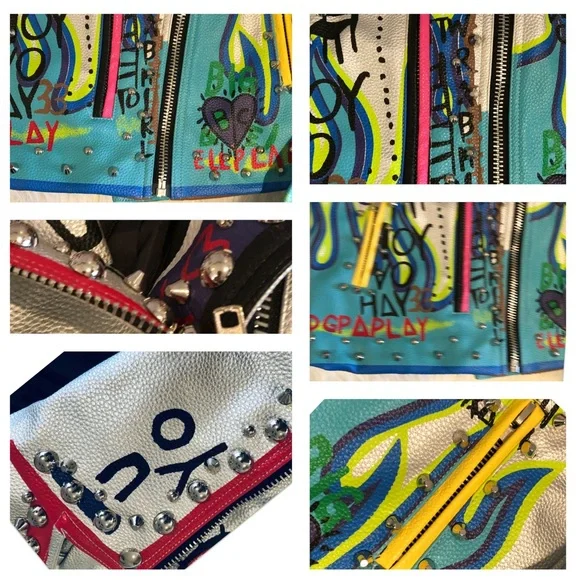 ❌SOLD❌ NWT Graffiti Punk, Rock & Roll Multi Color Graphic Spike & Rivet Moto,XL - Picture 12 of 16